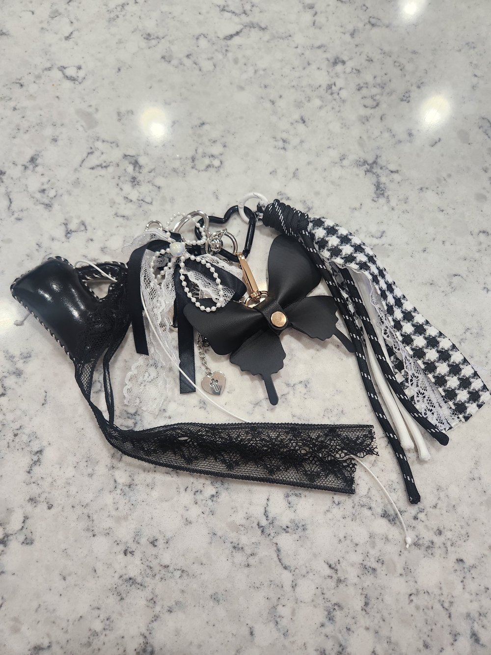 Black Ribbon Bow Keychain Charm with Tassels